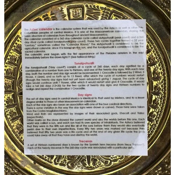 Vintage Mayan Aztec Sun Calendar Plate Brass Enamel Mexico Intricate Raised Art - Picture 3 of 3